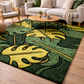 Living room with a green and yellow leaf-patterned rug
