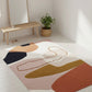 Colorful abstract rug on a light wooden floor with a mirror and plant in the background.