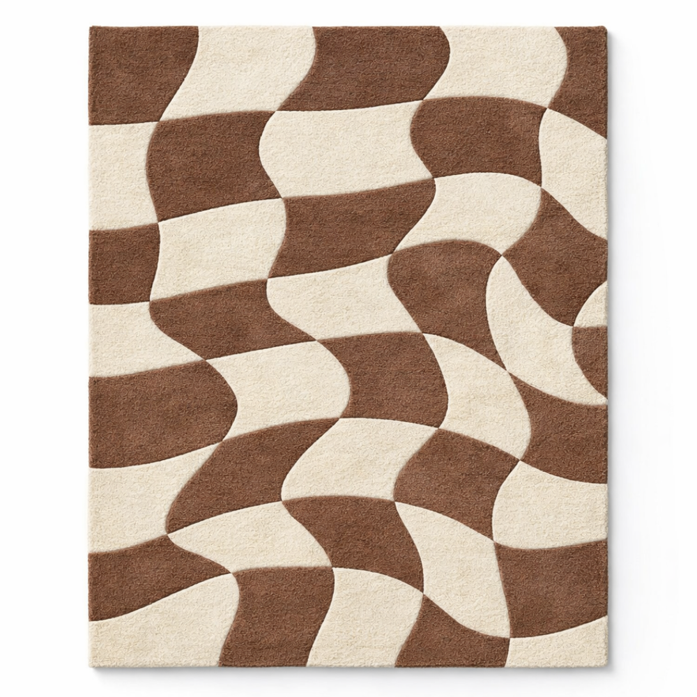 Rug with brown and beige wavy pattern on a white background