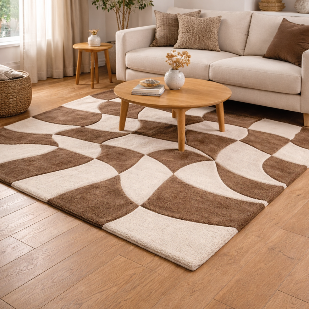 Living room with a patterned brown and beige rug, beige sofa, and wooden coffee table.