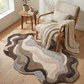 Wavy patterned rug on a wooden floor with a chair and side table in the background.