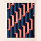 Geometric patterned rug with pink and blue shapes on a beige background