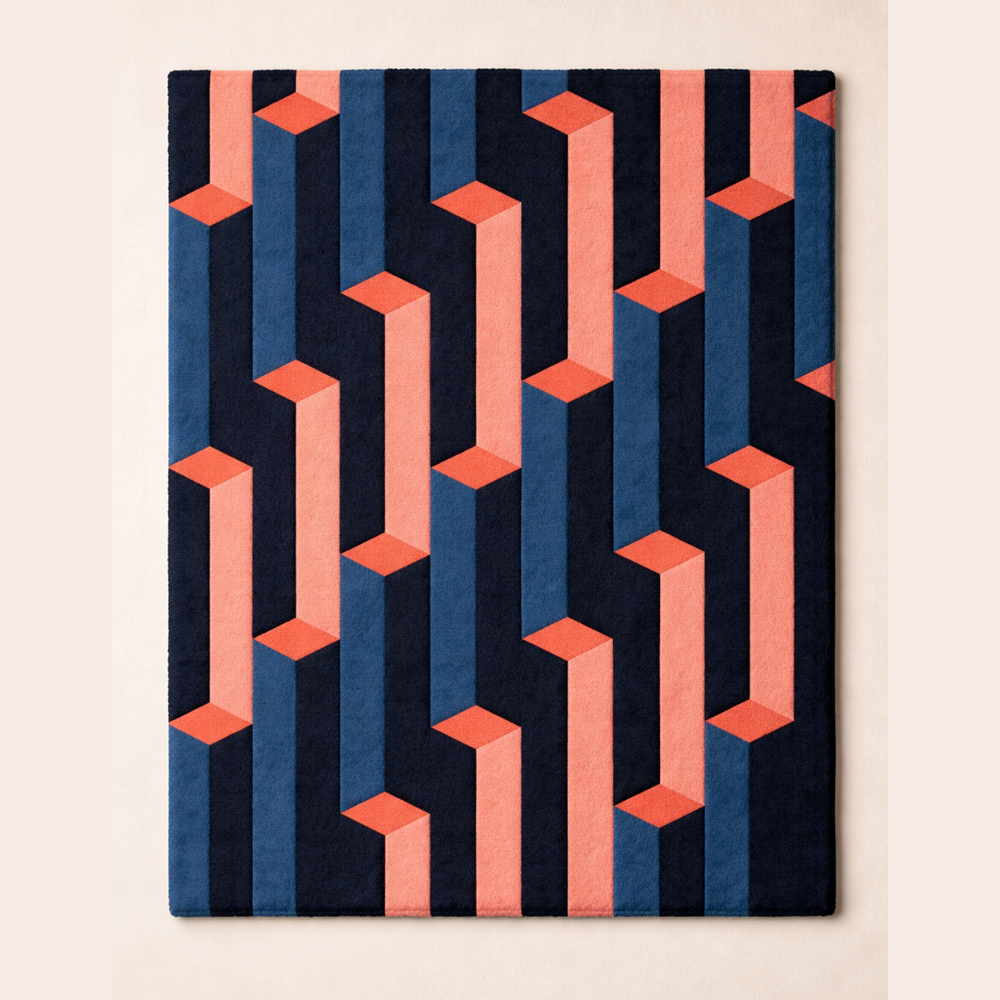 Geometric patterned rug with pink and blue shapes on a beige background