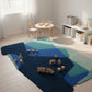 Children's playroom with a colorful rug, wooden toys, and a small table.