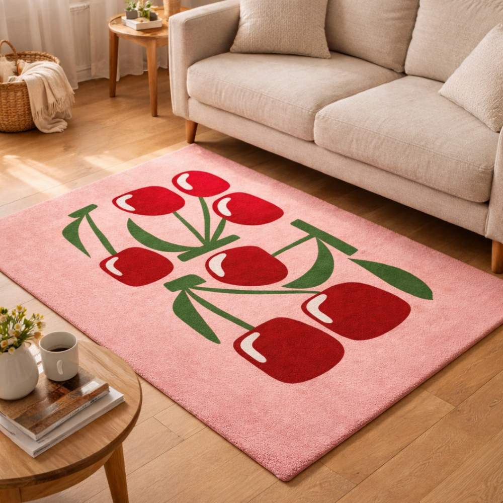 Pink rug with red tulip design in a living room setting