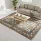 Living room with a patterned rug, beige sofa, and wooden coffee table.