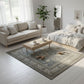 Modern living room with a rug, sofa, coffee table, and bed.