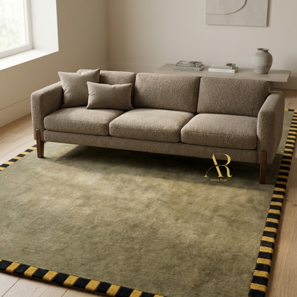 Beige sofa in a room with a rug and decorative items.