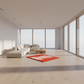 Modern living room with a sectional sofa, coffee table, and red rug.