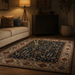 Living room with a patterned rug, beige sofa, and decorative items.