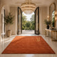 A large rust-orange area rug in a modern living room setting, styled with a curved cream sofa, two matching armchairs, a round stone coffee table, and tasteful decor.