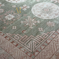 Close-up of a patterned rug with geometric and floral designs.