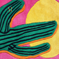 Colorful abstract design with wavy lines on a pink and yellow background