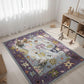 Children's room with a colorful rug featuring animal patterns, toys, and storage shelves.