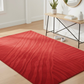 Red patterned rug on a wooden floor with a side table and mirror in the background.