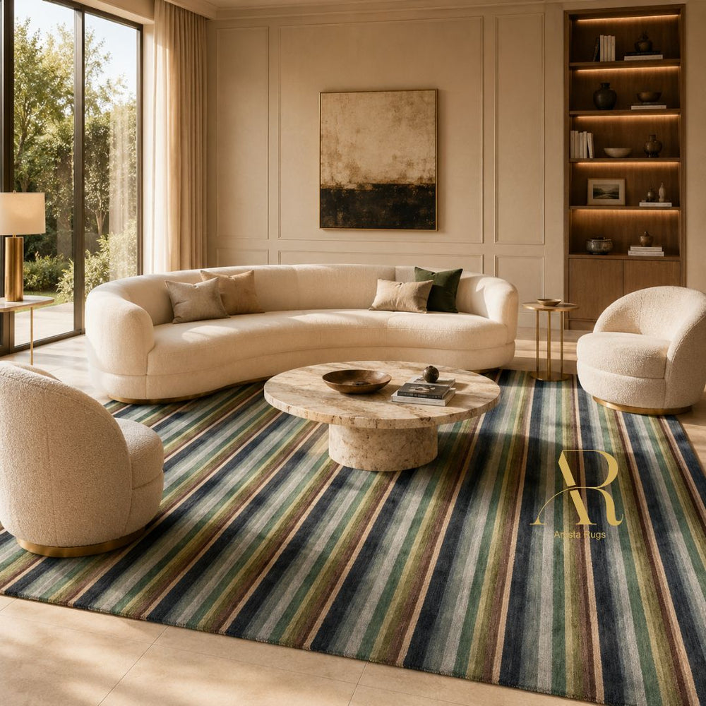 A large rectangular area rug with vertical stripes in navy, green, beige, and muted gold, styled in a luxurious modern living room with a curved cream sofa, two matching armchairs, and a round stone coffee table.