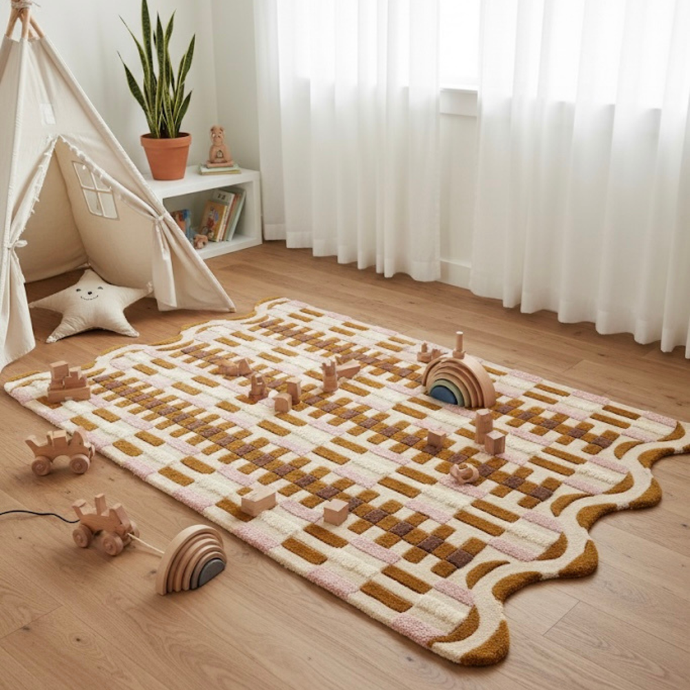 Children's playroom with a patterned rug, wooden toys, and a teepee.