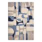 Abstract patterned rug with blue, gray, and beige colors on a white background
