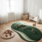 Children's playroom with a green wavy rug and wooden toys.
