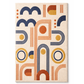 Geometric patterned rug with blue, orange, and yellow shapes on a beige background