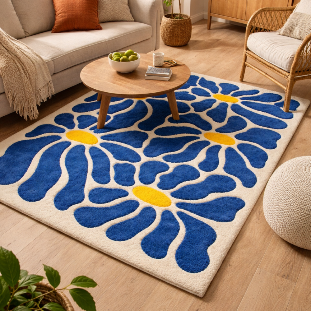 Living room with a blue floral rug, coffee table, and furniture.