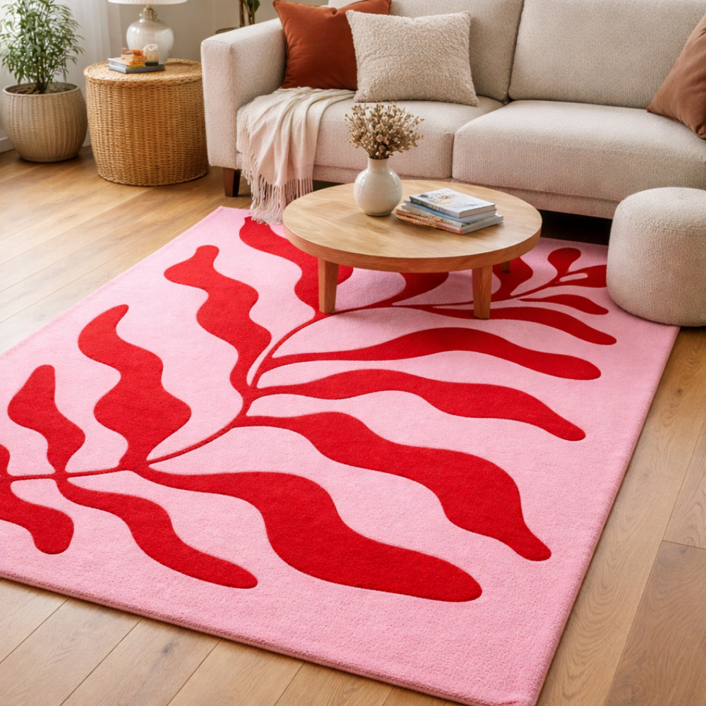 Living room with a pink rug featuring red abstract designs, a beige sofa, and a wooden coffee table.