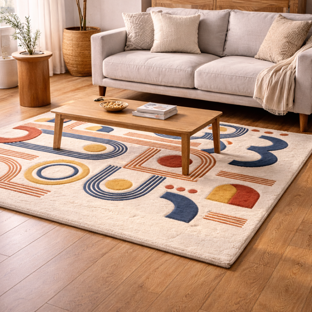 Living room with a geometric patterned rug, wooden coffee table, and gray sofa.