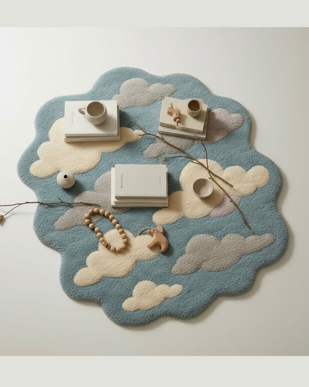 Round blue rug with cloud patterns on a white background