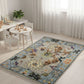 Children's playroom with a colorful rug, table, chairs, and toys.