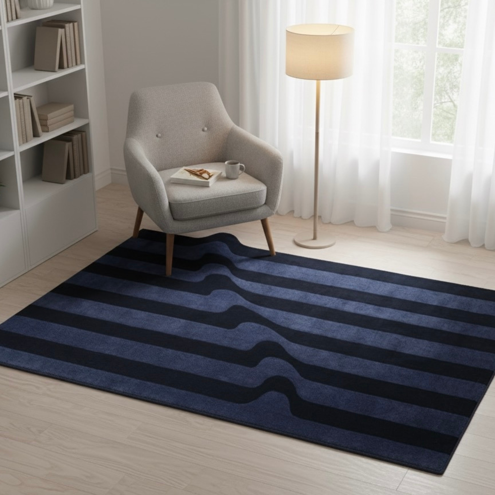 Blue striped rug in a room with a gray chair and white bookshelf.