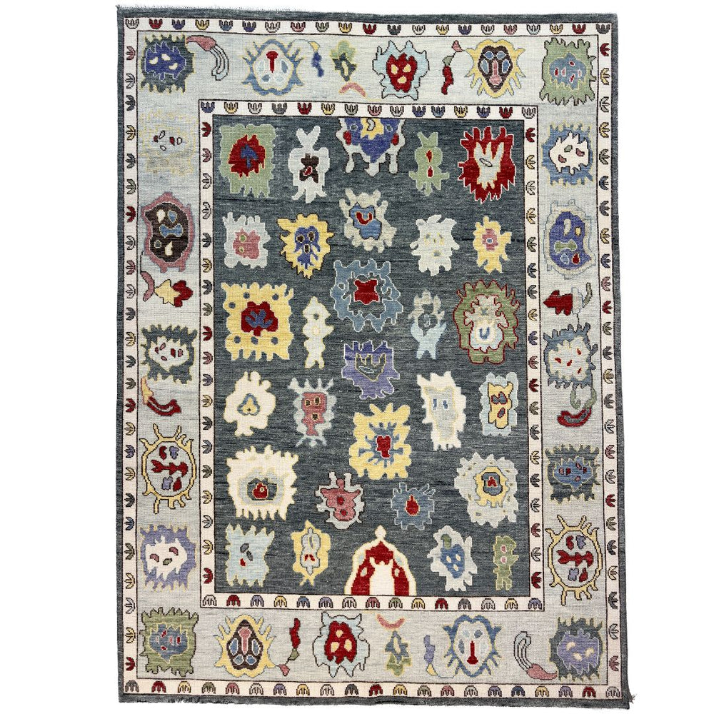 Decorative rug with colorful abstract patterns on a white background