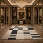 A luxury walk-in closet with mirrored glass doors, gold-toned cabinetry, a crystal chandelier, and a large geometric area rug in cream, navy, and gray tones on a herringbone wood floor.