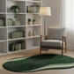 Modern living room with a green rug, bookshelf, and chair.