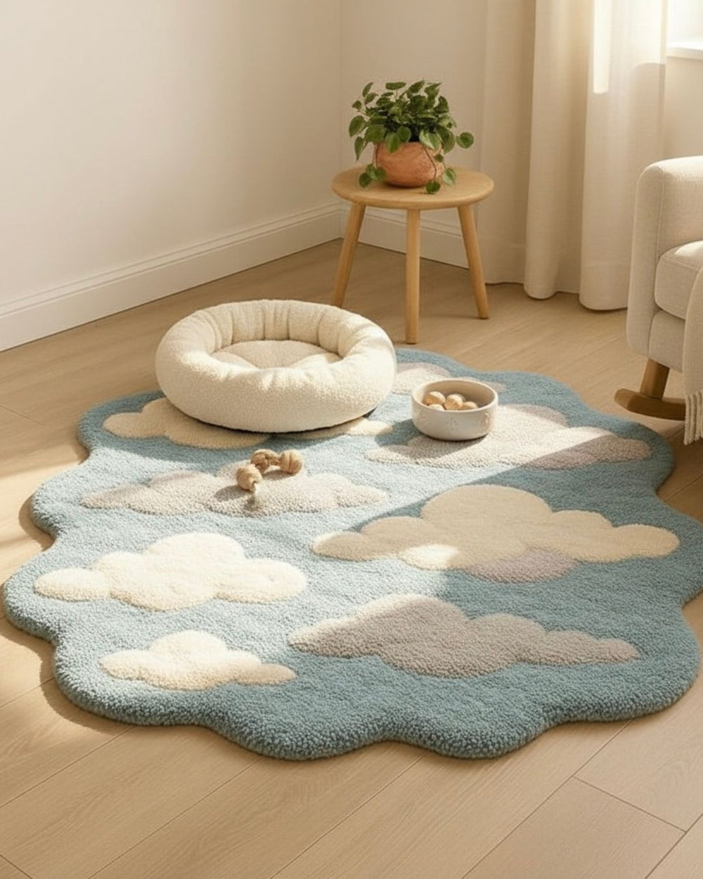 Cloud-patterned rug on a wooden floor with a small table and plant in the background.