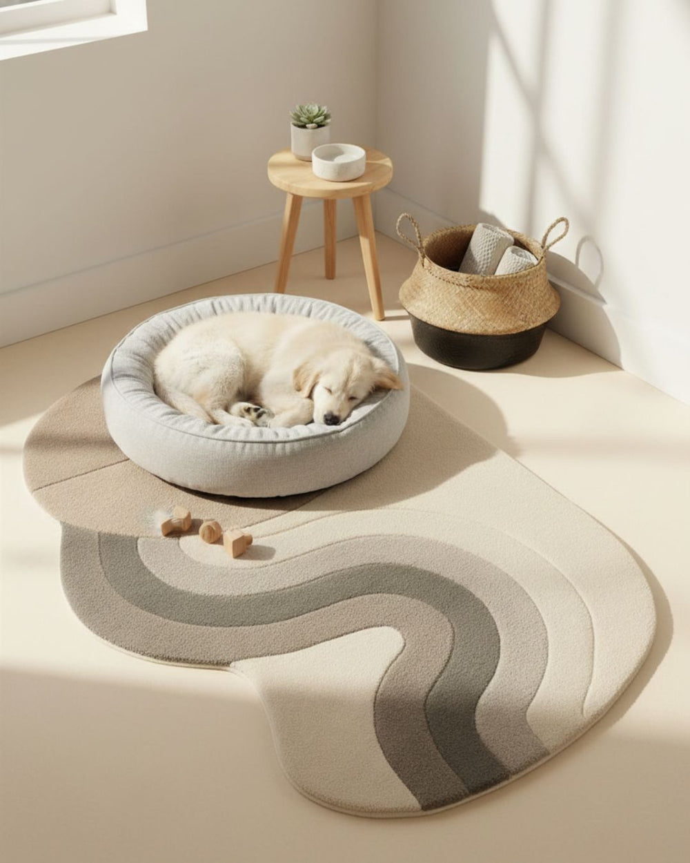 Dog resting on a modern pet bed in a bright room with a rug and small table.