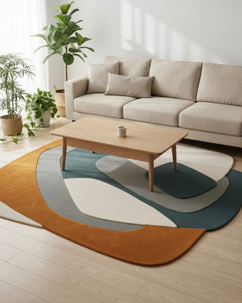 Living room with a beige sofa, wooden coffee table, and a colorful rug.
