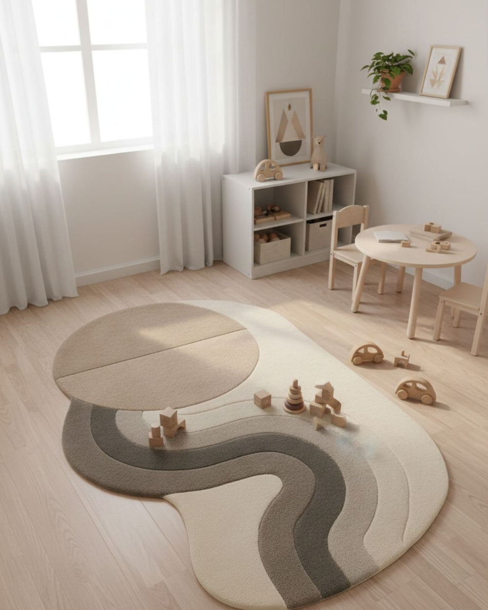 Children's playroom with a round rug, toys, and furniture.