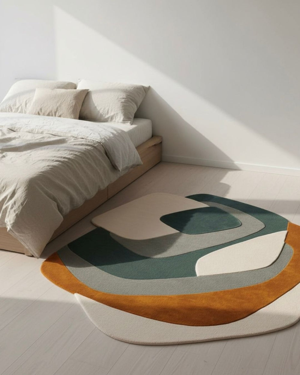 Modern bedroom with a geometric patterned rug on a light wooden floor.