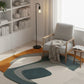 Modern living room with a rug, chair, and bookshelf.