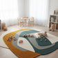 Children's playroom with a colorful rug, wooden toys, and furniture.