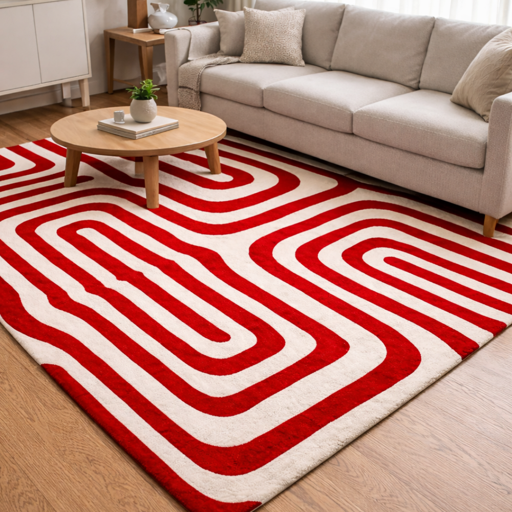 Living room with a red and white patterned rug, beige sofa, and wooden coffee table.