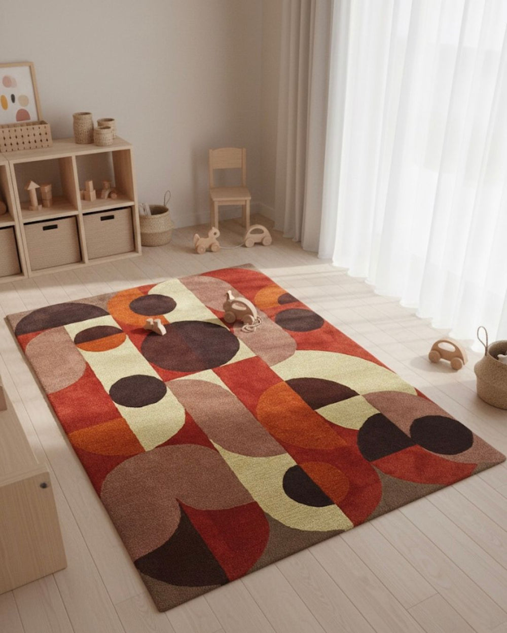 Decorative rug with circular patterns on a wooden floor in a room with light-colored walls and wooden furniture.