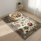 Decorative rug with a floral pattern on a wooden floor, featuring a dog resting in a pet bed.