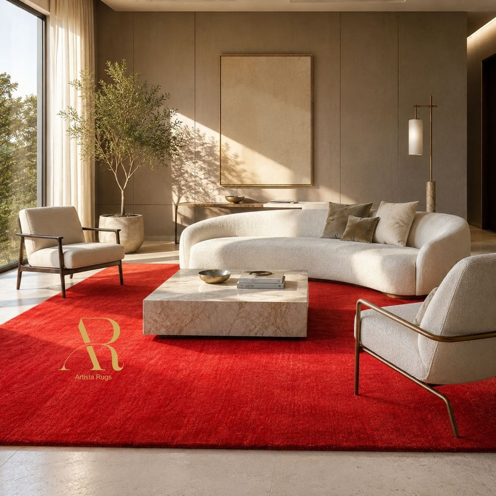 A luxurious modern living room featuring a prominent bright red area rug with a gold 'Riviera Rugs' logo. The room is styled with a curved cream sofa, two matching armchairs, a marble coffee table, and warm neutral walls.