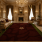 A luxurious large area rug in a grand, ornate classical room. The rug is deep burgundy with a wavy abstract pattern and a gold shell motif in the center, bordered by green grass-like edges.