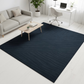 Navy blue rug in a living room with a sofa, coffee table, and desk.
