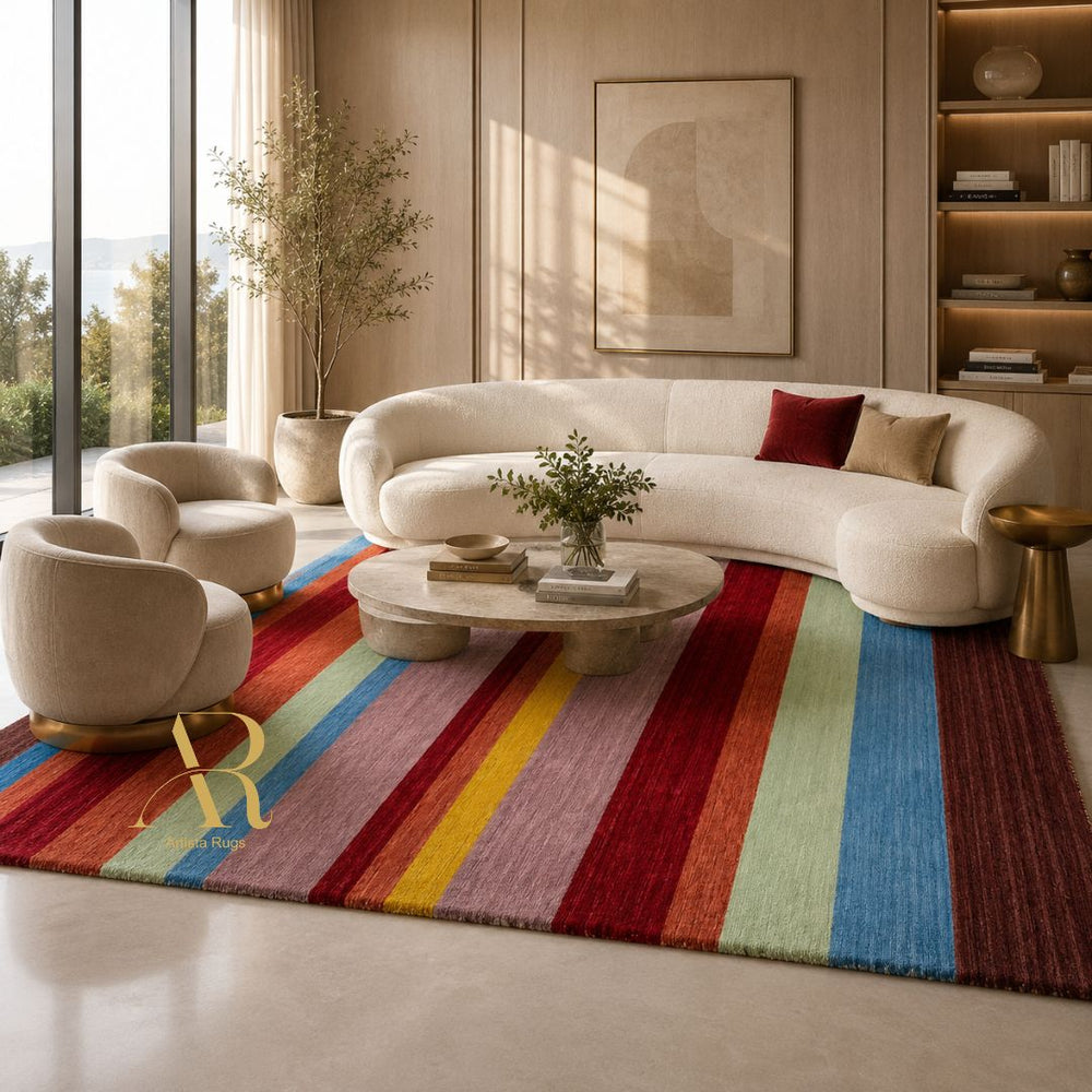 A large rectangular area rug with bold vertical rainbow stripes in red, orange, yellow, green, blue, and purple, styled in a modern living room with a curved cream sofa, matching armchair, and coffee table.
