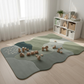 Children's playroom with a green and gray rug, wooden toys, and a bookshelf.