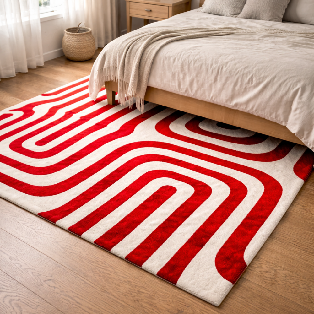 Red and white patterned rug on a wooden floor in a bedroom setting.