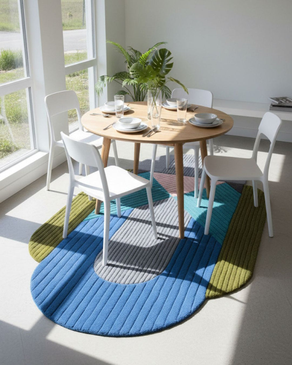 Dining area with a round wooden table and white chairs on a colorful geometric rug.